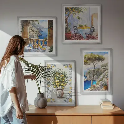 Gemälde von Zitronenbäumen als mehrteiliges Wandbild mit Rahmen