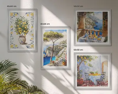 Gemälde von Zitronenbäumen als mehrteiliges Wandbild mit Rahmen