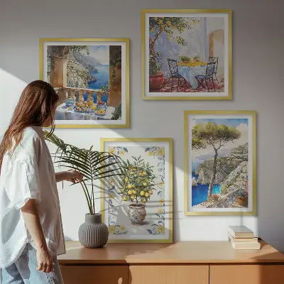 Gemälde von Zitronenbäumen als mehrteiliges Wandbild mit Rahmen