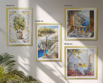 Gemälde von Zitronenbäumen als mehrteiliges Wandbild mit Rahmen
