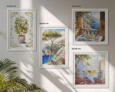 Gemälde von Zitronenbäumen als mehrteiliges Wandbild mit Rahmen