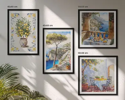 Gemälde von Zitronenbäumen als mehrteiliges Wandbild mit Rahmen