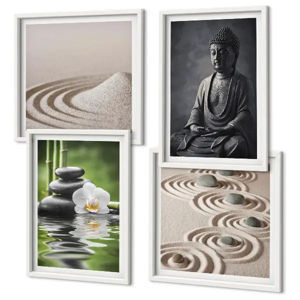 Ein entspannter Buddha am Strand als mehrteiliges Wandbild mit Rahmen