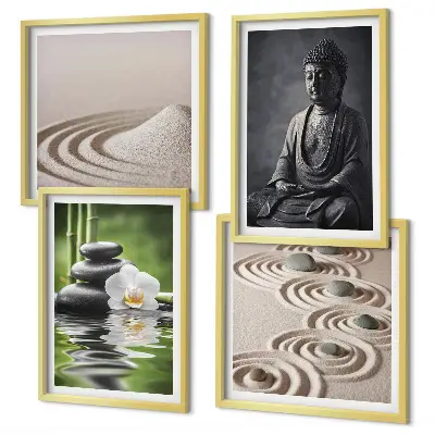 Ein entspannter Buddha am Strand als mehrteiliges Wandbild mit Rahmen