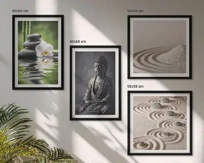 Ein entspannter Buddha am Strand als mehrteiliges Wandbild mit Rahmen