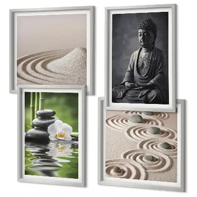 Ein entspannter Buddha am Strand als mehrteiliges Wandbild mit Rahmen