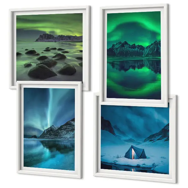 Winterlandschaft mit Nordlichtern mehrteiliges Wandbild mit Rahmen