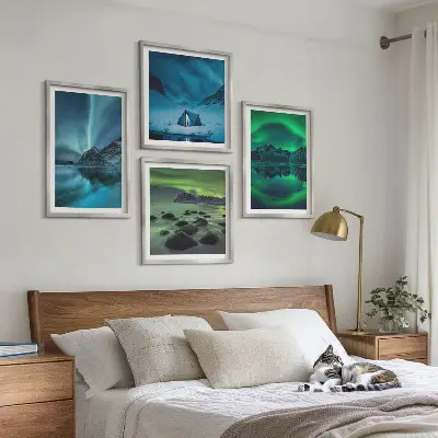 Winterlandschaft mit Nordlichtern mehrteiliges Wandbild mit Rahmen
