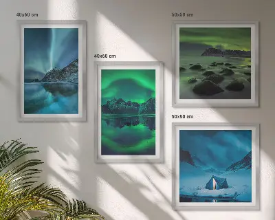Winterlandschaft mit Nordlichtern mehrteiliges Wandbild mit Rahmen