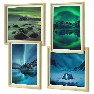 Winterlandschaft mit Nordlichtern mehrteiliges Wandbild mit Rahmen