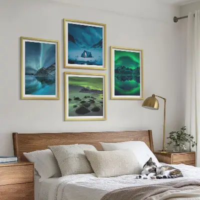 Winterlandschaft mit Nordlichtern mehrteiliges Wandbild mit Rahmen