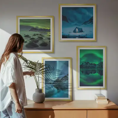 Winterlandschaft mit Nordlichtern mehrteiliges Wandbild mit Rahmen