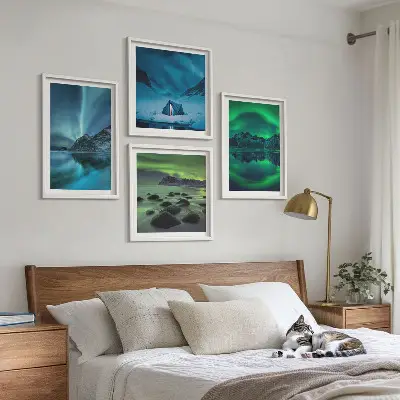 Winterlandschaft mit Nordlichtern mehrteiliges Wandbild mit Rahmen