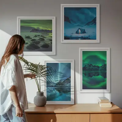 Winterlandschaft mit Nordlichtern mehrteiliges Wandbild mit Rahmen