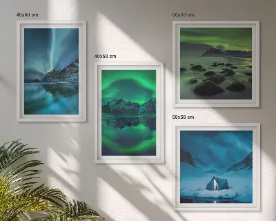 Winterlandschaft mit Nordlichtern mehrteiliges Wandbild mit Rahmen