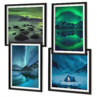 Winterlandschaft mit Nordlichtern mehrteiliges Wandbild mit Rahmen