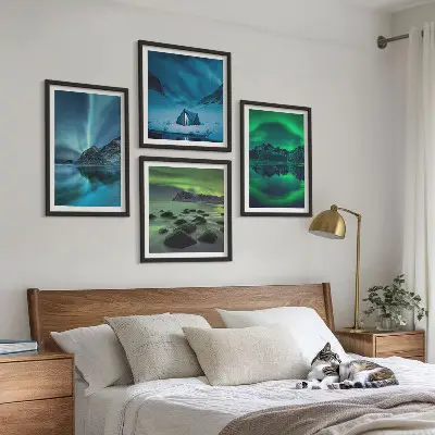 Winterlandschaft mit Nordlichtern mehrteiliges Wandbild mit Rahmen