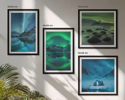 Winterlandschaft mit Nordlichtern mehrteiliges Wandbild mit Rahmen