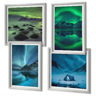 Winterlandschaft mit Nordlichtern mehrteiliges Wandbild mit Rahmen