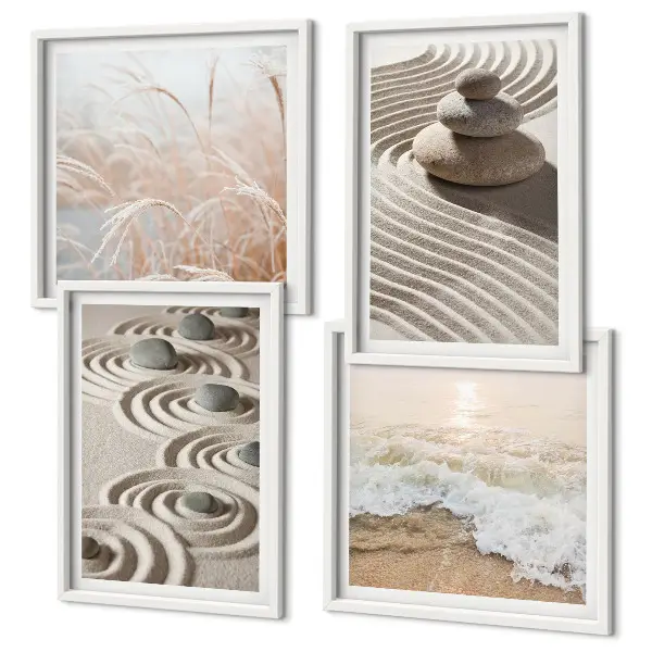 Wandbild Wellen, Sand, Wasser, Steine und Strand als gerahmtes Polyptychon