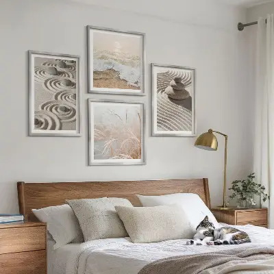 Wandbild Wellen, Sand, Wasser, Steine und Strand als gerahmtes Polyptychon