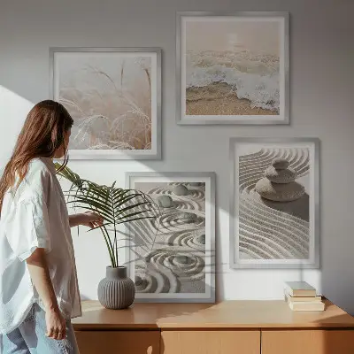 Wandbild Wellen, Sand, Wasser, Steine und Strand als gerahmtes Polyptychon