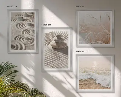 Wandbild Wellen, Sand, Wasser, Steine und Strand als gerahmtes Polyptychon