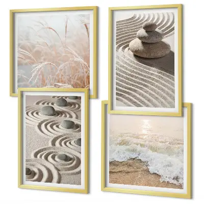 Wandbild Wellen, Sand, Wasser, Steine und Strand als gerahmtes Polyptychon