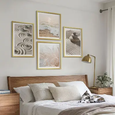 Wandbild Wellen, Sand, Wasser, Steine und Strand als gerahmtes Polyptychon