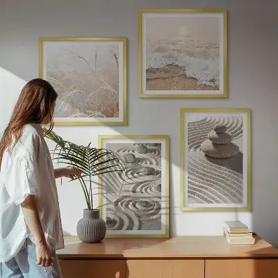 Wandbild Wellen, Sand, Wasser, Steine und Strand als gerahmtes Polyptychon