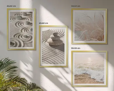 Wandbild Wellen, Sand, Wasser, Steine und Strand als gerahmtes Polyptychon