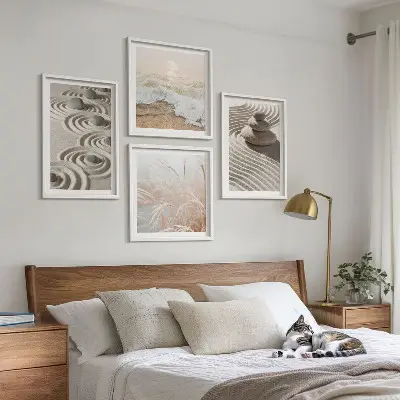 Wandbild Wellen, Sand, Wasser, Steine und Strand als gerahmtes Polyptychon