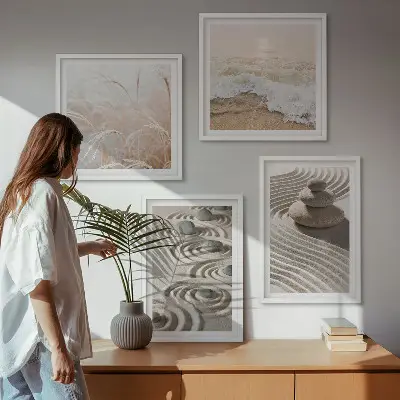 Wandbild Wellen, Sand, Wasser, Steine und Strand als gerahmtes Polyptychon