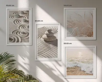 Wandbild Wellen, Sand, Wasser, Steine und Strand als gerahmtes Polyptychon