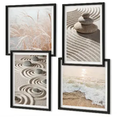 Wandbild Wellen, Sand, Wasser, Steine und Strand als gerahmtes Polyptychon