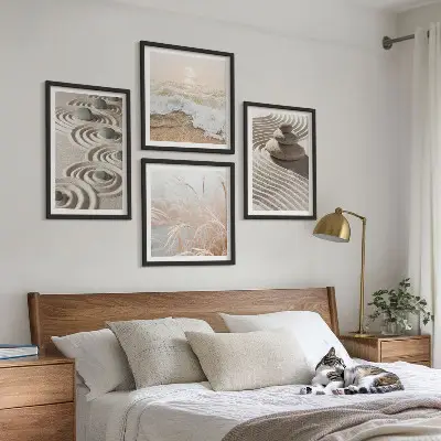 Wandbild Wellen, Sand, Wasser, Steine und Strand als gerahmtes Polyptychon