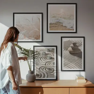 Wandbild Wellen, Sand, Wasser, Steine und Strand als gerahmtes Polyptychon