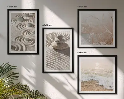 Wandbild Wellen, Sand, Wasser, Steine und Strand als gerahmtes Polyptychon