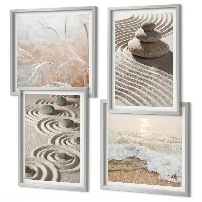 Wandbild Wellen, Sand, Wasser, Steine und Strand als gerahmtes Polyptychon