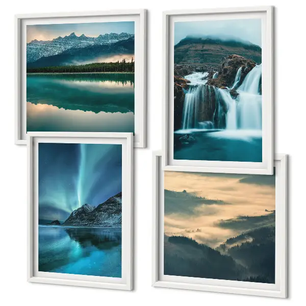 Polyptychon mit Rahmen Winterlandschaften mit Wasserfällen und Nordlichtern