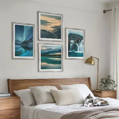 Polyptychon mit Rahmen Winterlandschaften mit Wasserfällen und Nordlichtern