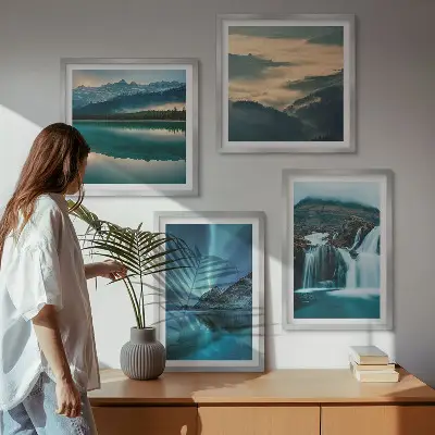 Polyptychon mit Rahmen Winterlandschaften mit Wasserfällen und Nordlichtern