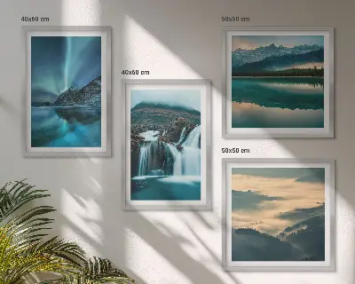 Polyptychon mit Rahmen Winterlandschaften mit Wasserfällen und Nordlichtern