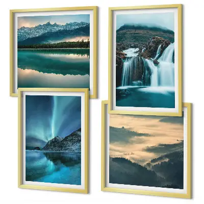 Polyptychon mit Rahmen Winterlandschaften mit Wasserfällen und Nordlichtern