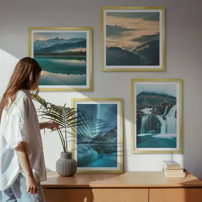 Polyptychon mit Rahmen Winterlandschaften mit Wasserfällen und Nordlichtern