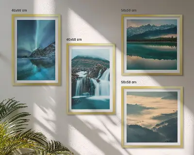 Polyptychon mit Rahmen Winterlandschaften mit Wasserfällen und Nordlichtern