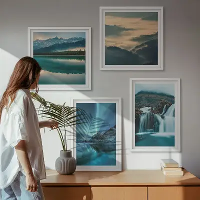 Polyptychon mit Rahmen Winterlandschaften mit Wasserfällen und Nordlichtern