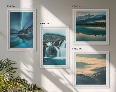 Polyptychon mit Rahmen Winterlandschaften mit Wasserfällen und Nordlichtern