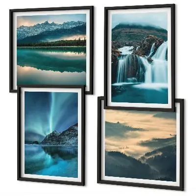Polyptychon mit Rahmen Winterlandschaften mit Wasserfällen und Nordlichtern