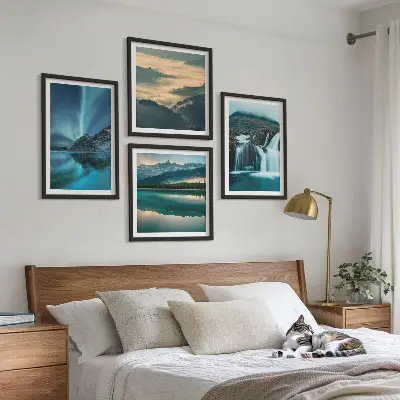 Polyptychon mit Rahmen Winterlandschaften mit Wasserfällen und Nordlichtern